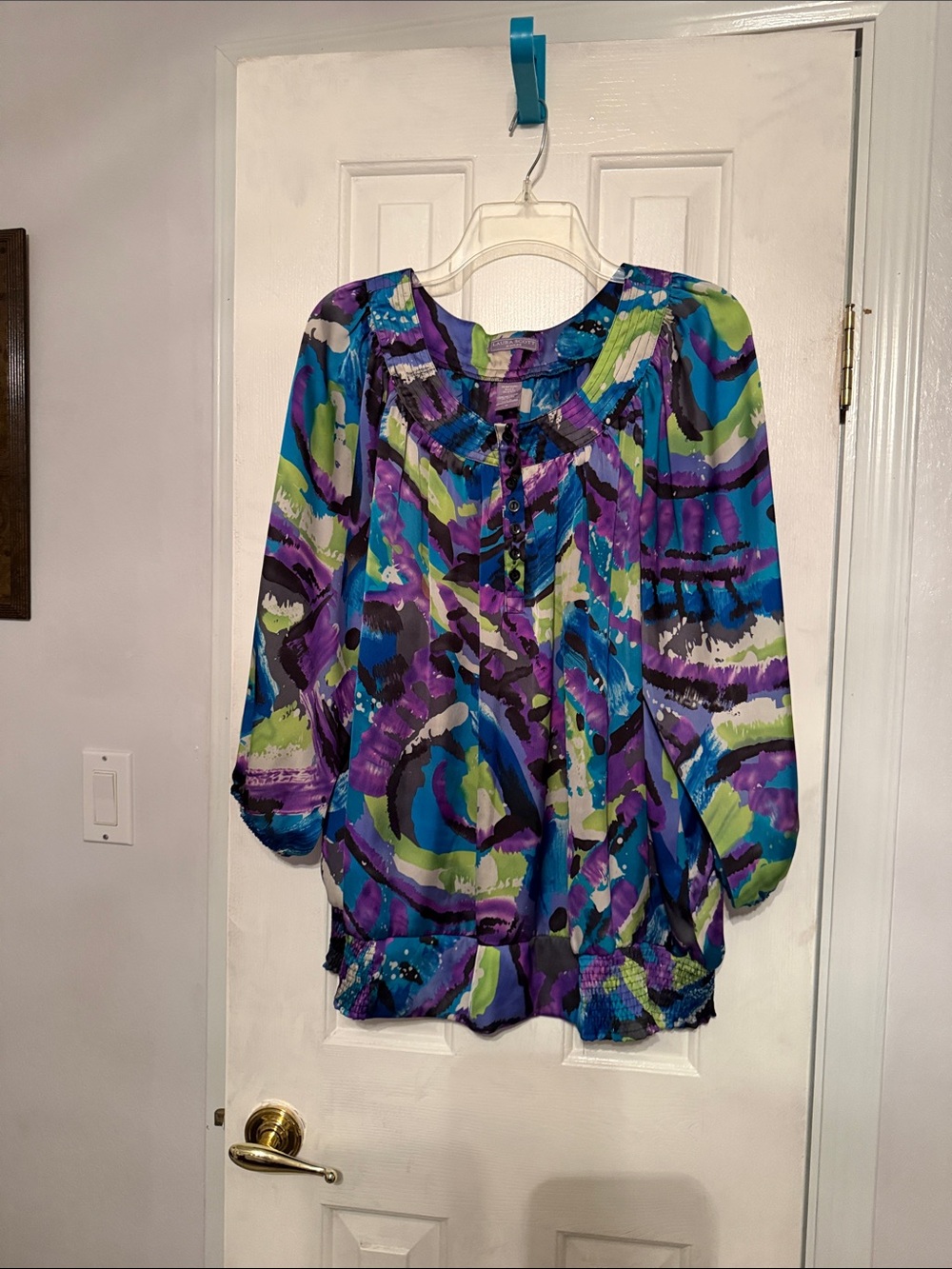 Laura Scott Blue Purple Green Abstract Peasant Blouse